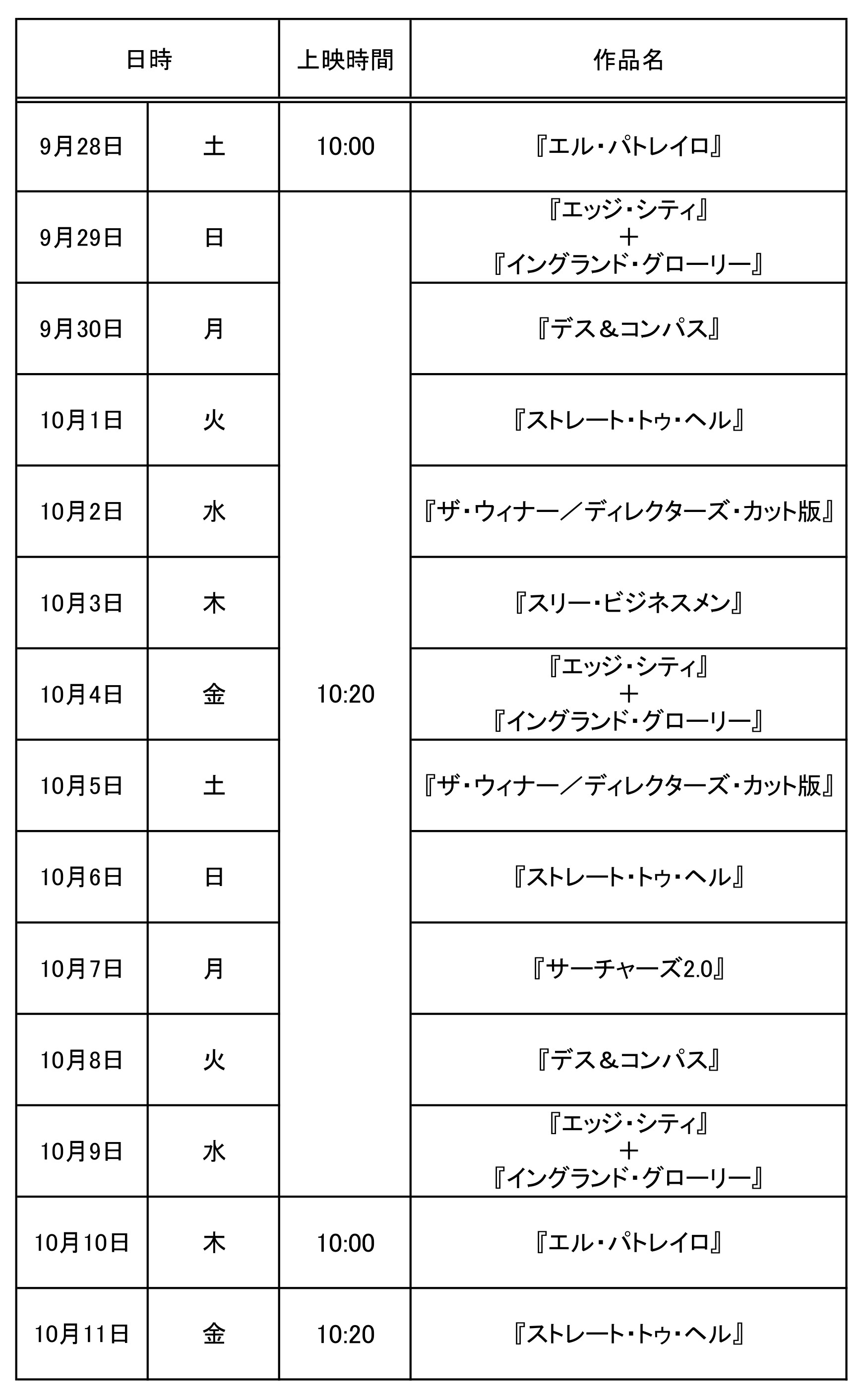 映画祭タイムテーブル